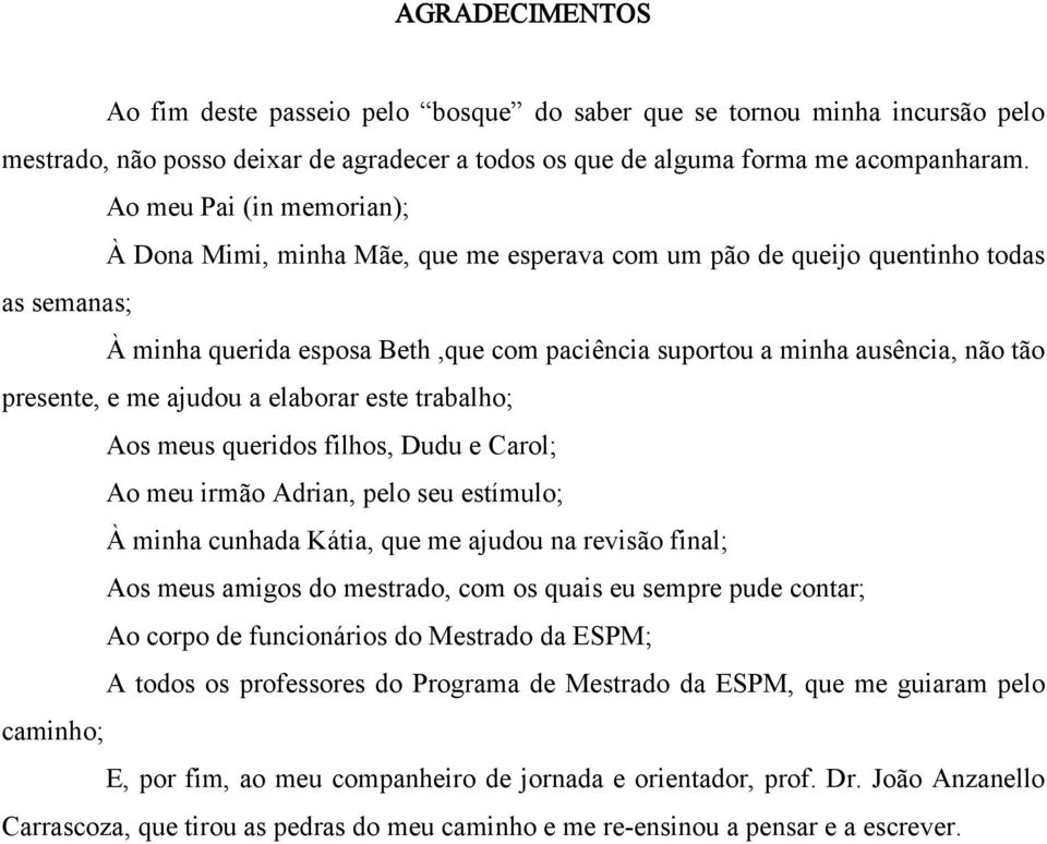 presente, e me ajudou a elaborar este trabalho; Aos meus queridos filhos, Dudu e Carol; Ao meu irmão Adrian, pelo seu estímulo; À minha cunhada Kátia, que me ajudou na revisão final; Aos meus amigos