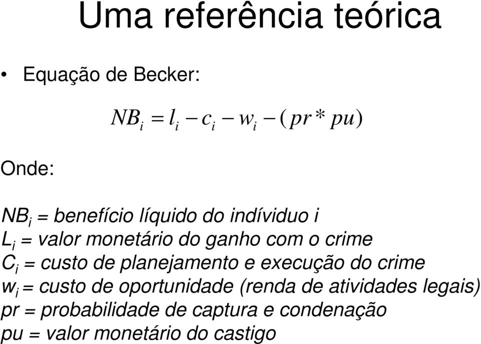 custo de planejamento e execução do crime w i = custo de oportunidade (renda de