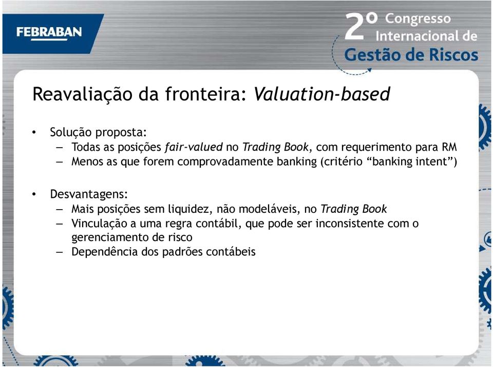 intent ) Desvantagens: Mais posições sem liquidez, não modeláveis, no Trading Book Vinculação a uma