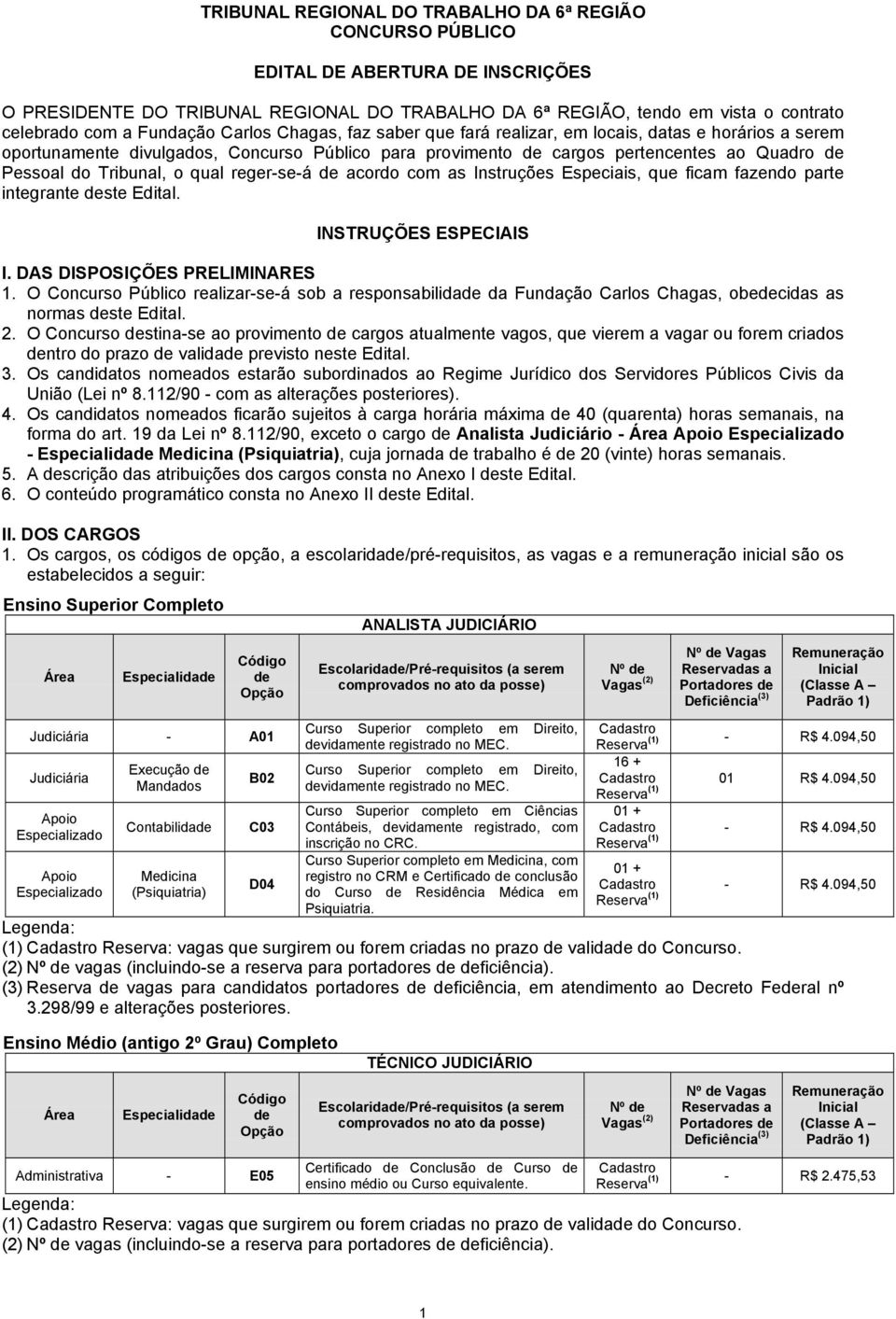 Tribunal, o qual reger-se-á de acordo com as Instruções Especiais, que ficam fazendo parte integrante deste Edital. INSTRUÇÕES ESPECIAIS I. DAS DISPOSIÇÕES PRELIMINARES 1.