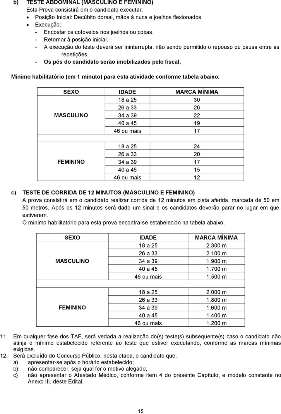 - Os pés do candidato serão imobilizados pelo fiscal. Mínimo habilitatório (em 1 minuto) para esta atividade conforme tabela abaixo.