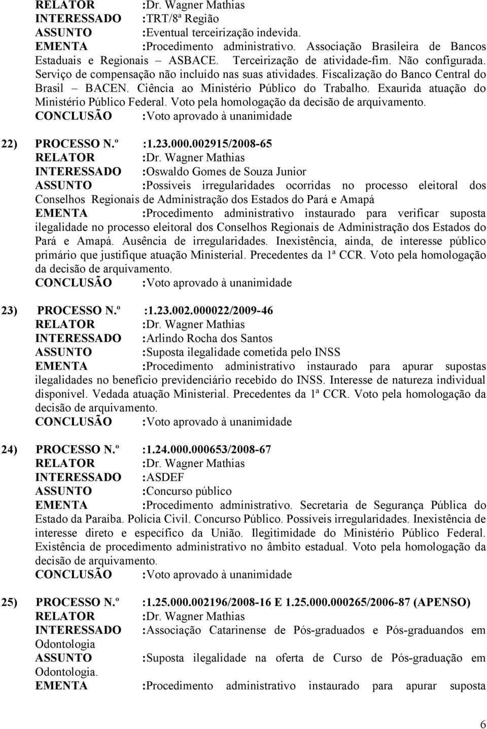 Exaurida atuação do Ministério Público Federal. Voto pela homologação da decisão de arquivamento. 22) PROCESSO N.º :1.23.000.