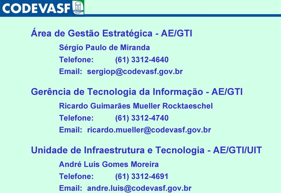 br Gerência de Tecnologia da Informação - AE/GTI Ricardo Guimarães Mueller Rocktaeschel Telefone: