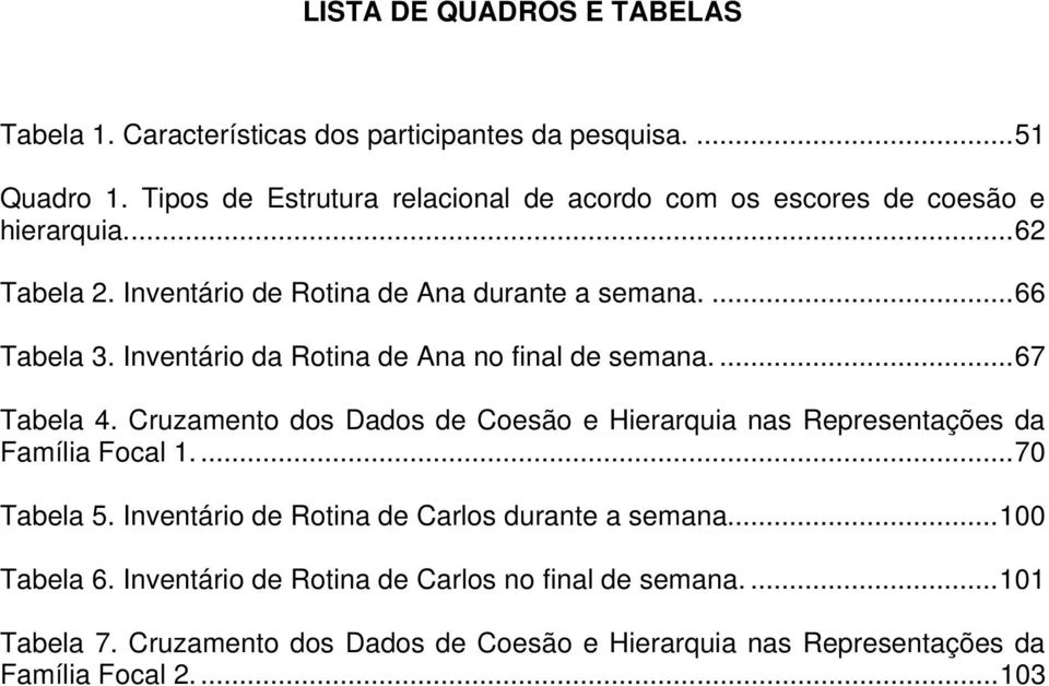 Inventário da Rotina de Ana no final de semana.... 67 Tabela 4. Cruzamento dos Dados de Coesão e Hierarquia nas Representações da Família Focal 1.... 70 Tabela 5.