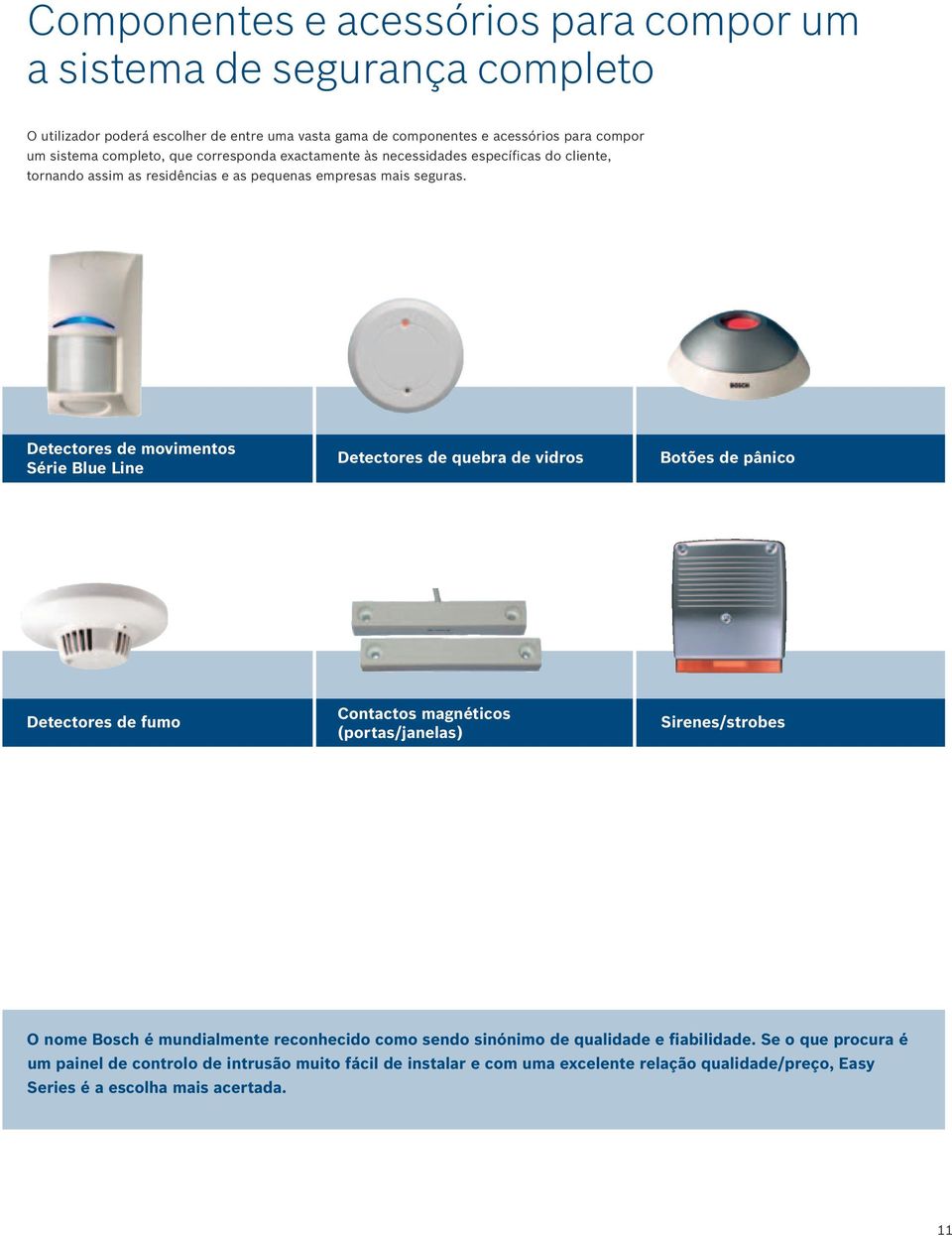 Detectores de movimentos Série Blue Line Detectores de quebra de vidros Botões de pânico Detectores de fumo Contactos magnéticos (portas/janelas) Sirenes/strobes O nome Bosch é