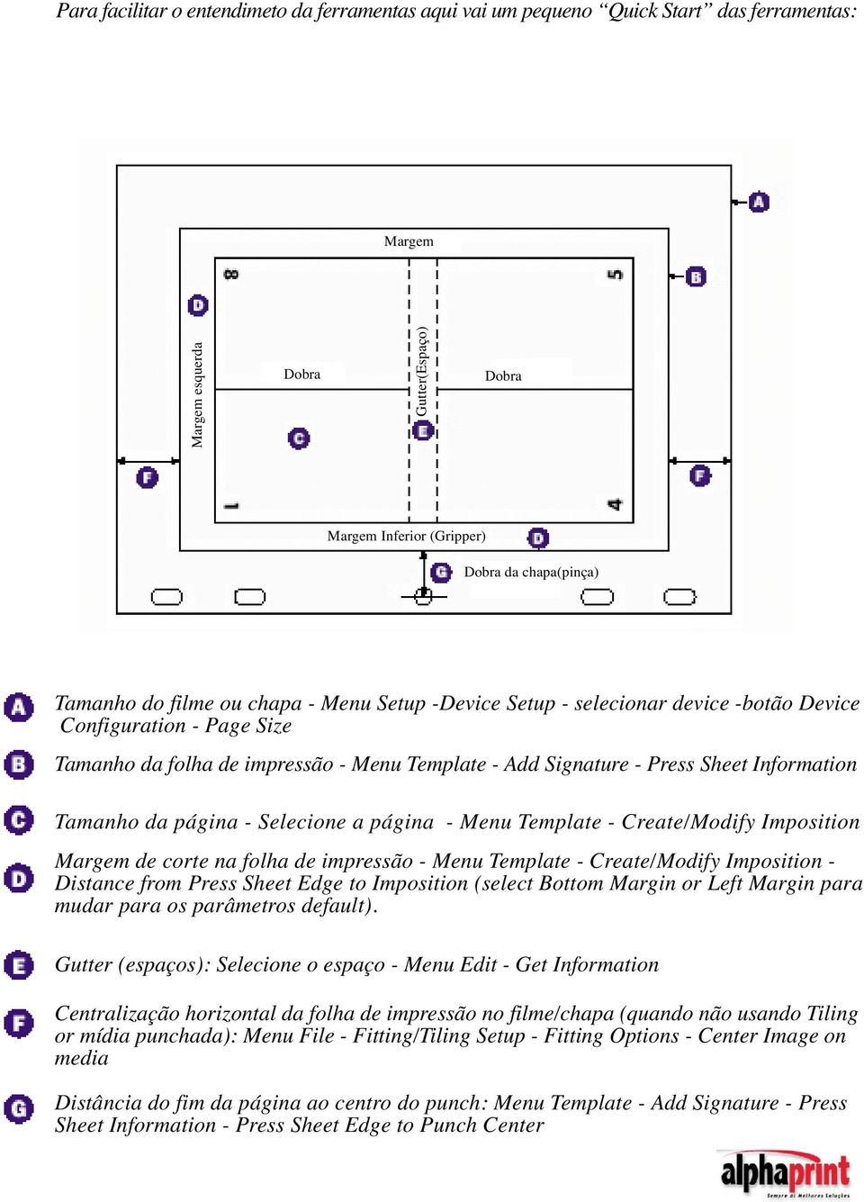 Tamanho da página - Selecione a página - Menu Template - Create/Modify Imposition Margem de corte na folha de impressão - Menu Template - Create/Modify Imposition - Distance from Press Sheet Edge to