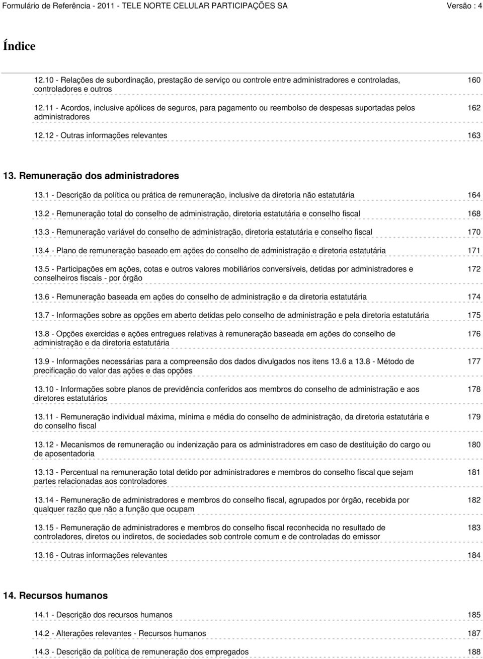 Remuneração dos administradores 13.1 - Descrição da política ou prática de remuneração, inclusive da diretoria não estatutária 164 13.