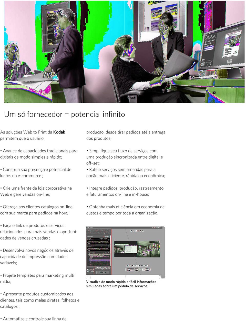 sem emendas para a opção mais eficiente, rápida ou econômica; Crie uma frente de loja corporativa na Web e gere vendas on-line; Integre pedidos, produção, rastreamento e faturamentos on-line e