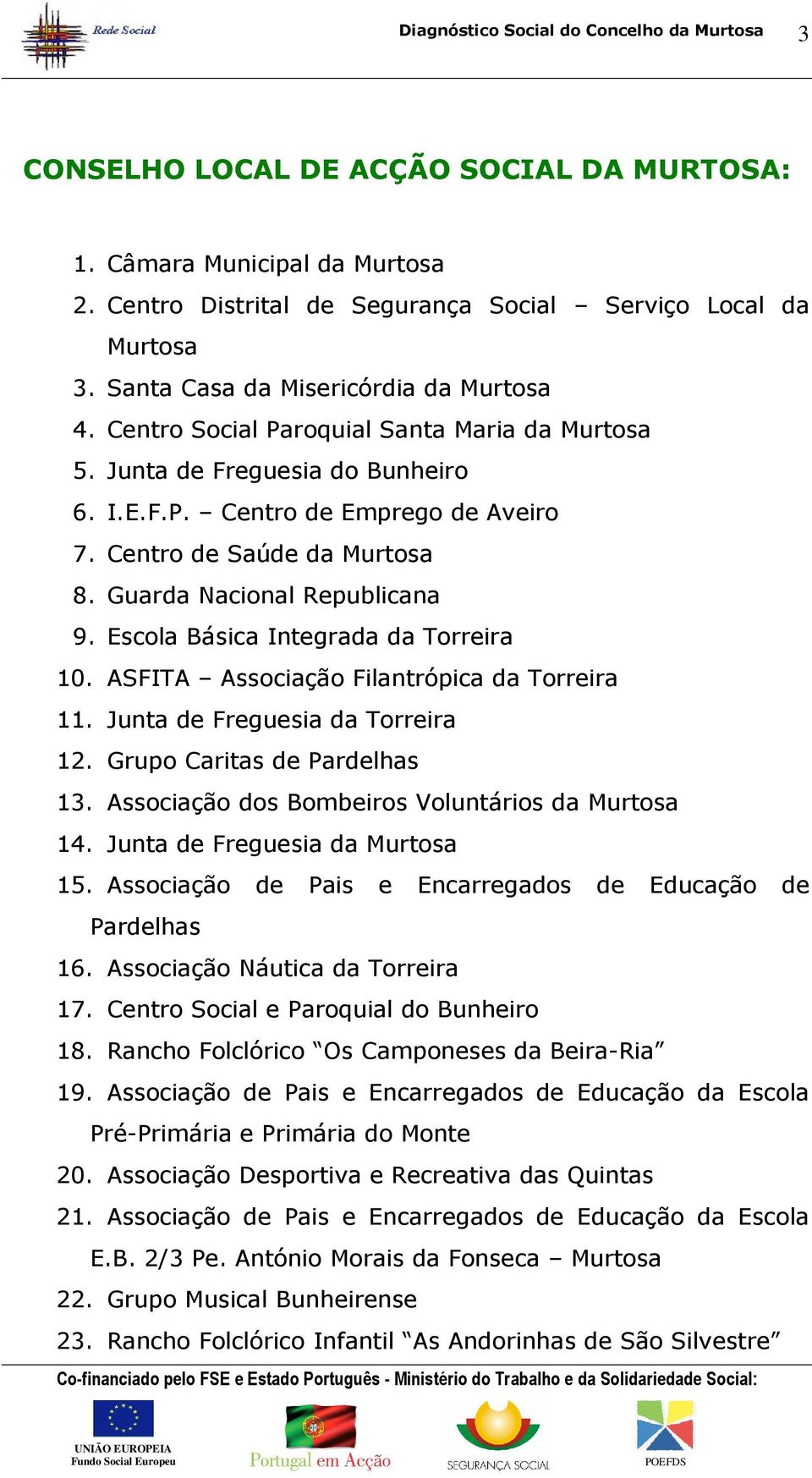 Escola Básica Integrada da Torreira 10. ASFITA Associação Filantrópica da Torreira 11. Junta de Freguesia da Torreira 12. Grupo Caritas de Pardelhas 13.