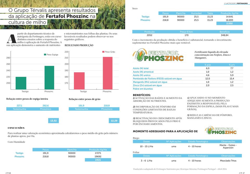 052 Apartir do departamento técnico de nutrigenia da Fertinagro, estão em curso distintos ensaios sobre a resposta do milho à aplicação de Fertafol Phoszinc.