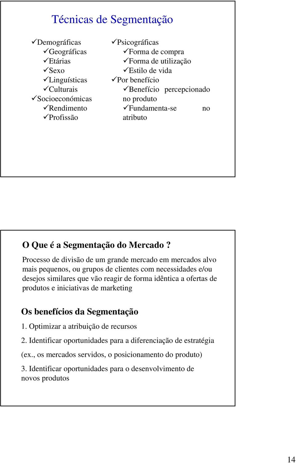 Processo de divisão de um grande mercado em mercados alvo mais pequenos, ou grupos de clientes com necessidades e/ou desejos similares que vão reagir de forma idêntica a ofertas de produtos e