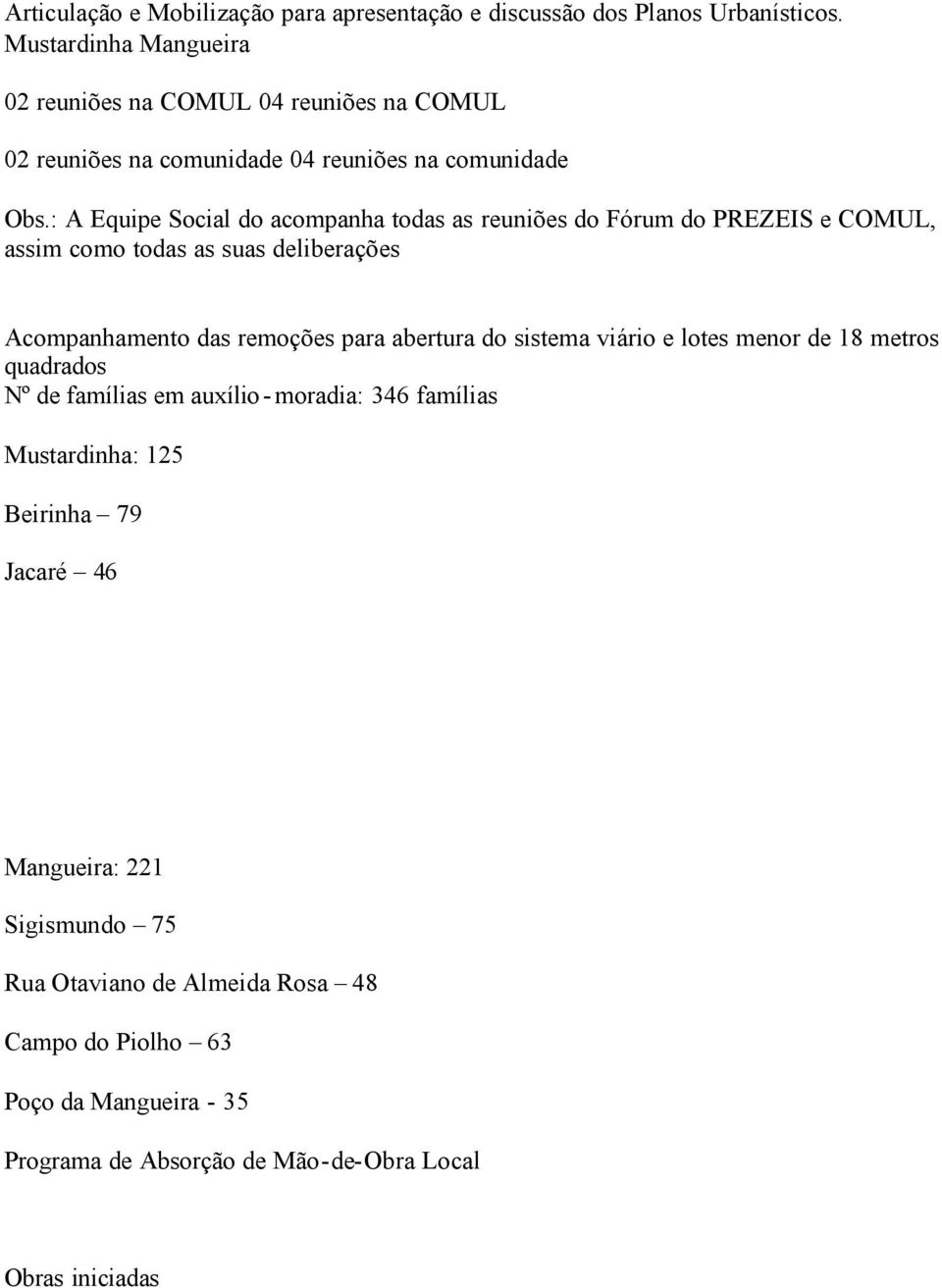 : A Equipe Social do acompanha todas as reuniões do Fórum do PREZEIS e COMUL, assim como todas as suas deliberações Acompanhamento das remoções para abertura do