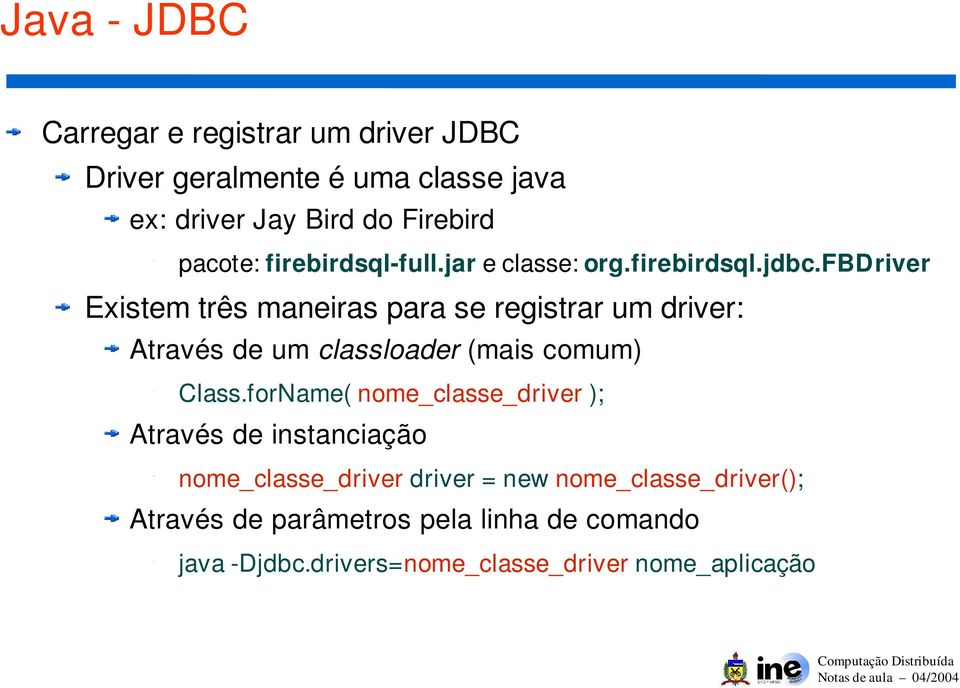 fbdriver Existem três maneiras para se registrar um driver: Através de um classloader (mais comum) Class.