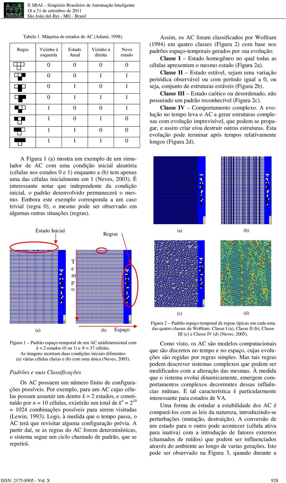 (Figura 2) com base nos padrões espaço-temporais gerados por sua evolução: Classe I Estado homogêneo no qual todas as células apresentam o mesmo estado (Figura 2a).
