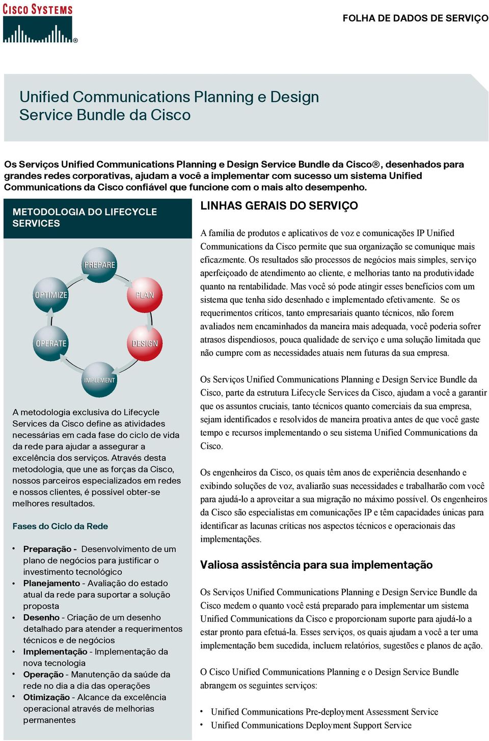 METODOLOGIA DO LIFECYCLE SERVICES LINHAS GERAIS DO SERVIÇO A família de produtos e aplicativos de voz e comunicações IP Unified Communications da Cisco permite que sua organização se comunique mais