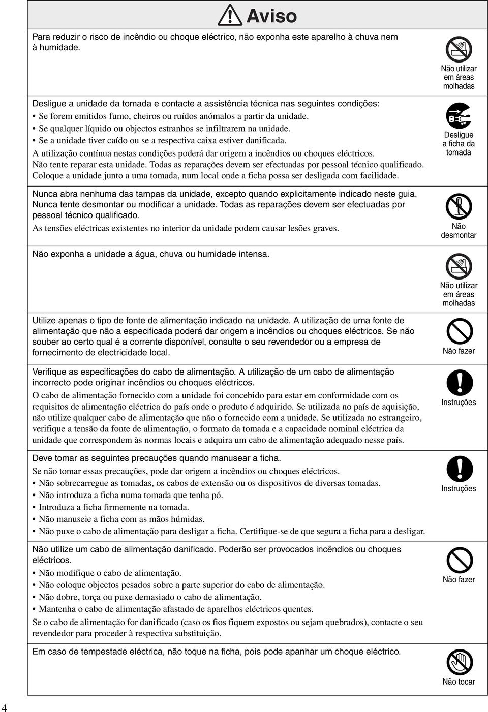 Se qualquer líquido ou objectos estranhos se infiltrarem na unidade. Se a unidade tiver caído ou se a respectiva caixa estiver danificada.