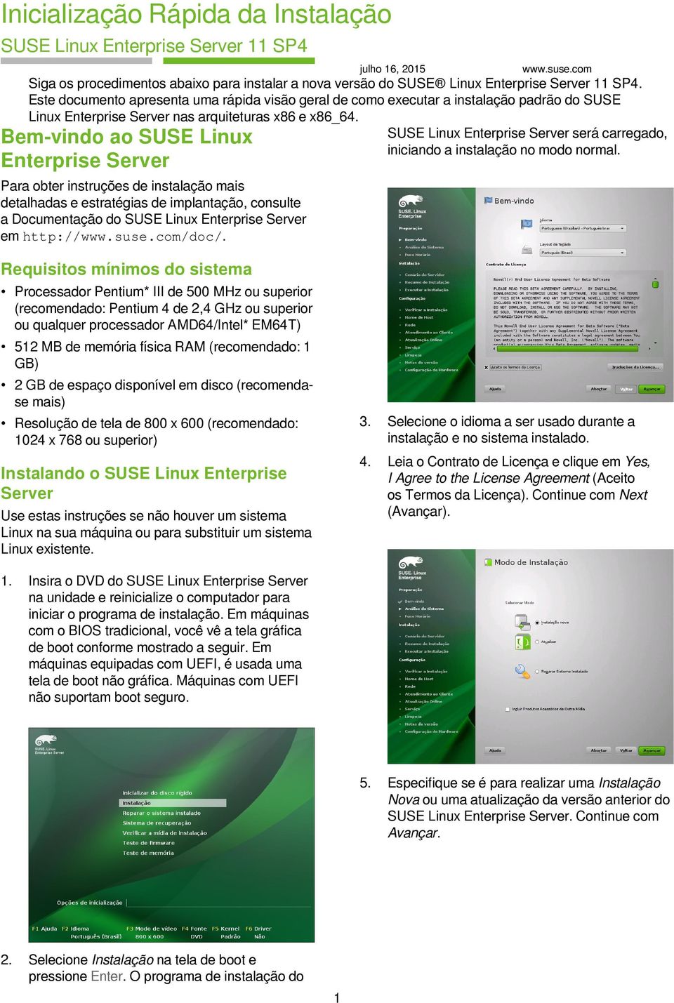 SUSE Linux Enterprise Server será carregado, Bem-vindo ao SUSE Linux iniciando a instalação no modo normal.