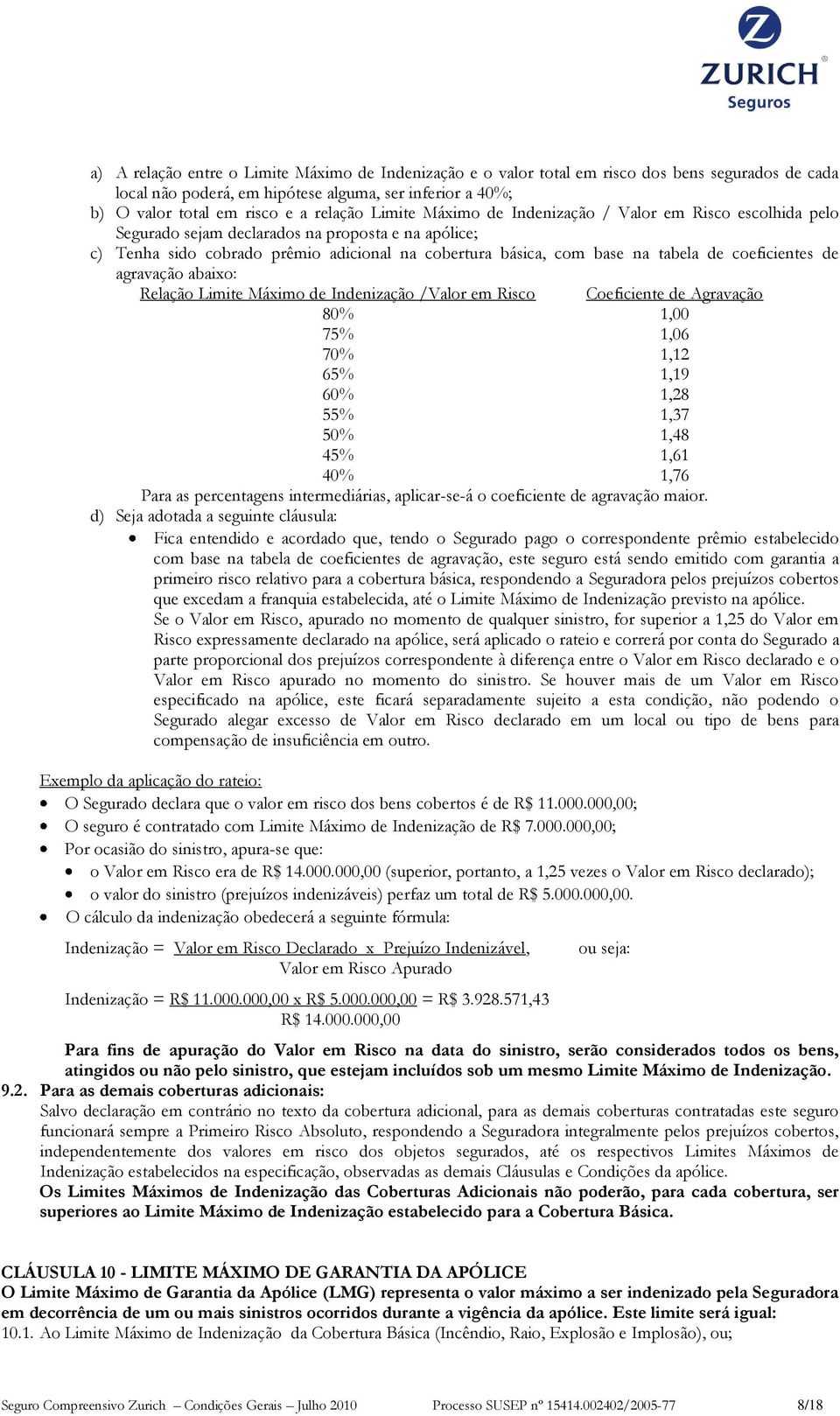 coeficientes de agravação abaixo: Relação Limite Máximo de Indenização /Valor em Risco Coeficiente de Agravação 80% 1,00 75% 1,06 70% 1,12 65% 1,19 60% 1,28 55% 1,37 50% 1,48 45% 1,61 40% 1,76 Para