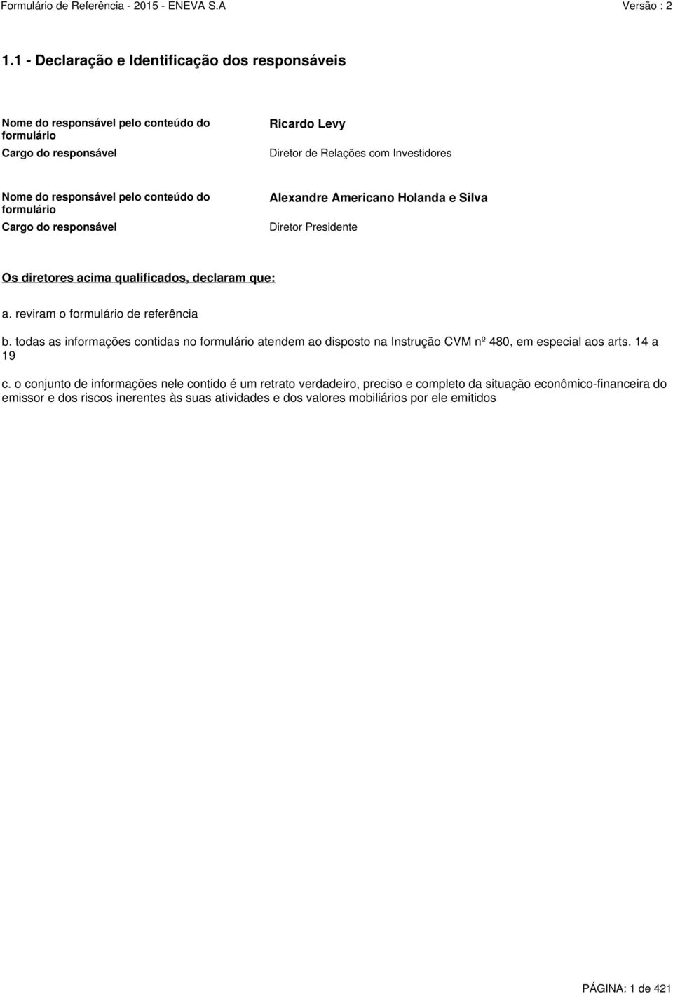 reviram o formulário de referência b. todas as informações contidas no formulário atendem ao disposto na Instrução CVM nº 480, em especial aos arts. 14 a 19 c.