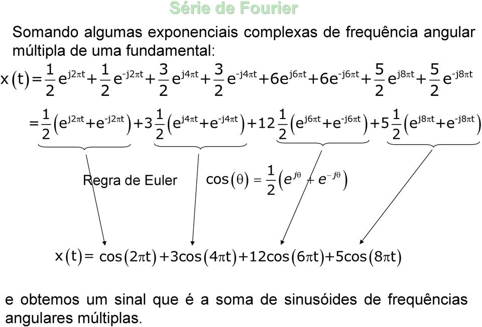 j6 t -j6 t ) ( j8 t -j8 t ) 1 1 1 1 = e +e +3 e +e +12 e +e +5 e +e 2 2 2 2 j Regra de Euler ( θ jθ cos θ = e + e ) 1 2 x( t ) =