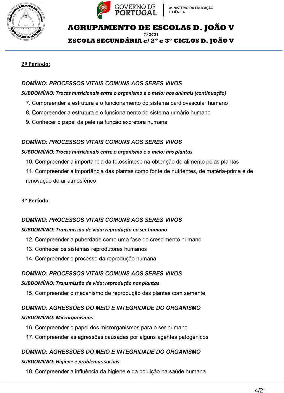 Conhecer o papel da pele na função excretora humana DOMÍNIO: PROCESSOS VITAIS COMUNS AOS SERES VIVOS SUBDOMÍNIO: Trocas nutricionais entre o organismo e o meio: nas plantas 10.