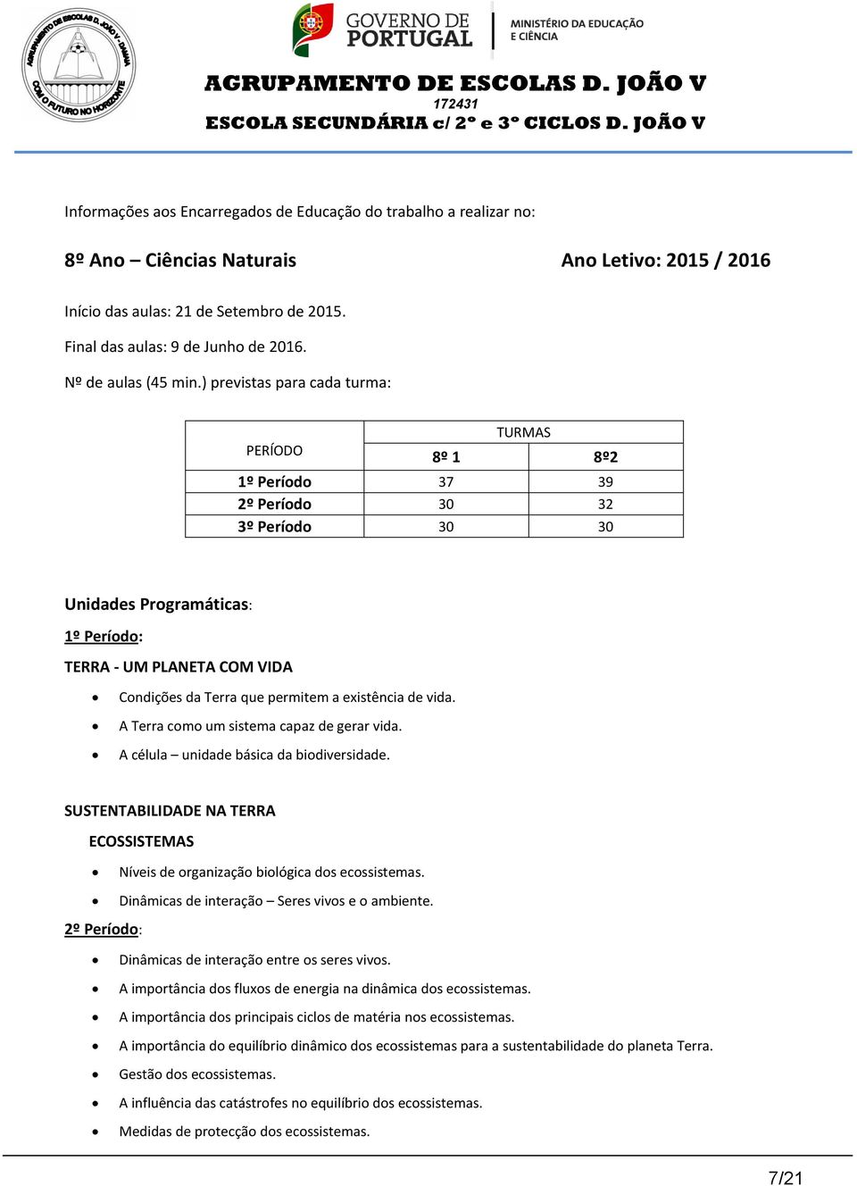 ) previstas para cada turma: PERÍODO TURMAS 8º 1 8º2 1º Período 37 39 2º Período 30 32 3º Período 30 30 Unidades Programáticas: 1º Período: TERRA - UM PLANETA COM VIDA Condições da Terra que permitem