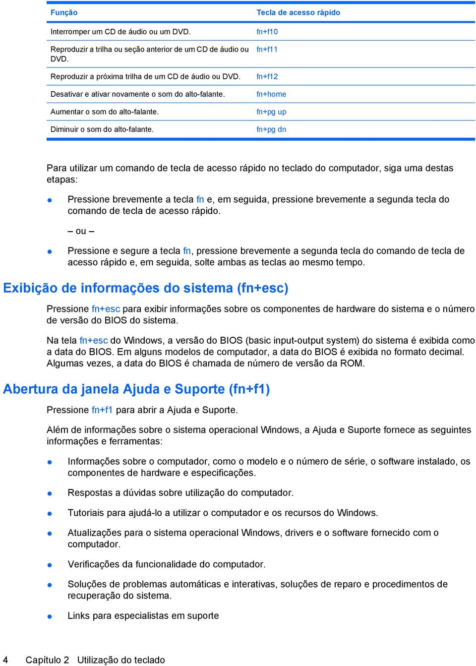 Tecla de acesso rápido fn+f10 fn+f11 fn+f12 fn+home fn+pg up fn+pg dn Para utilizar um comando de tecla de acesso rápido no teclado do computador, siga uma destas etapas: Pressione brevemente a tecla