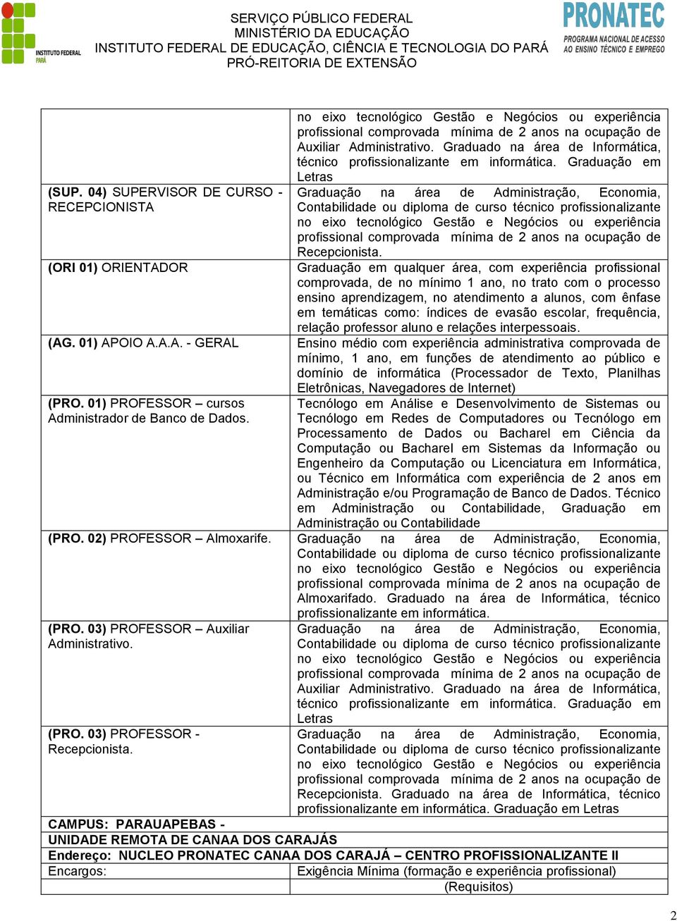 Técnico em Administração ou Contabilidade, Graduação em Administração ou Contabilidade (PRO. 02) PROFESSOR Almoxarife. (PRO. 03) PROFESSOR Auxiliar (PRO.