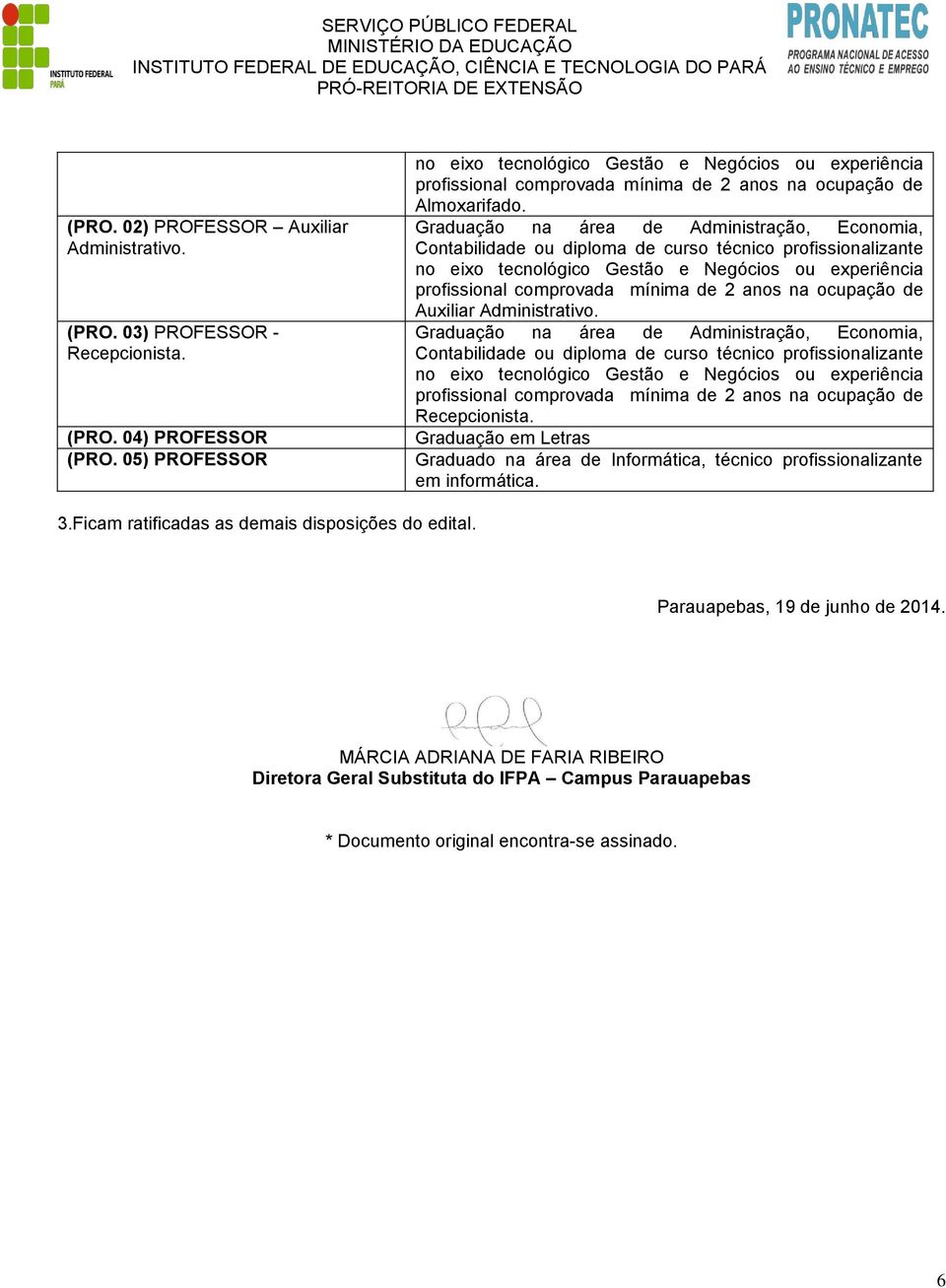 informática. 3.Ficam ratificadas as demais disposições do edital. Parauapebas, 19 de junho de 2014.