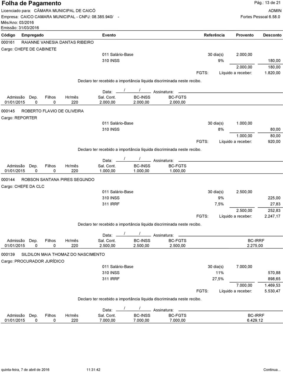 , 18, 18, 1.82, 1/1/215 22 2., 2., 2., 145 ROBERTO FLAVIO DE OLIVEIRA Cargo: REPORTER 11 Salário-Base 3 dia(s) 1., 31 INSS 1., 8, 8, 92, 1/1/215 22 1., 1., 1., 144 ROBSON SANTANA PIRES SEGUNDO Cargo: CHEFE DA CLC 11 Salário-Base 3 dia(s) 2.