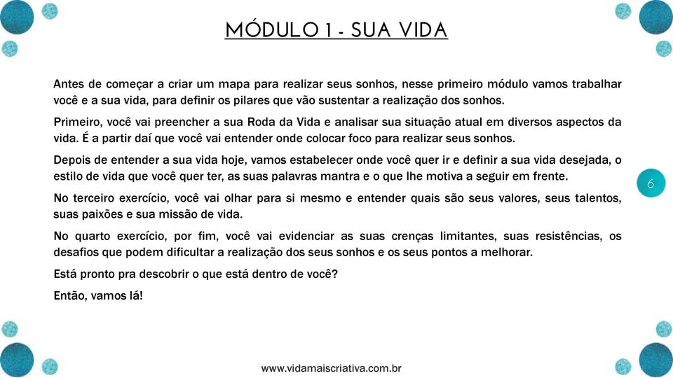 Depois de entender a sua vida hoje, vamos estabelecer onde você quer ir e definir a sua vida desejada, o estilo de vida que você quer ter, as suas palavras mantra e o que lhe motiva a seguir em