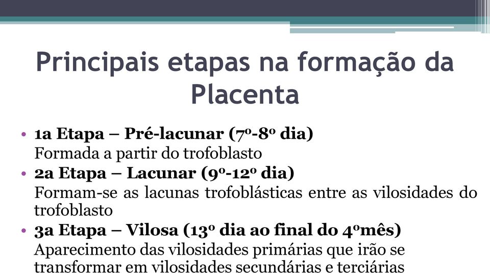 entre as vilosidades do trofoblasto 3a Etapa Vilosa (13 o dia ao final do 4 o mês)