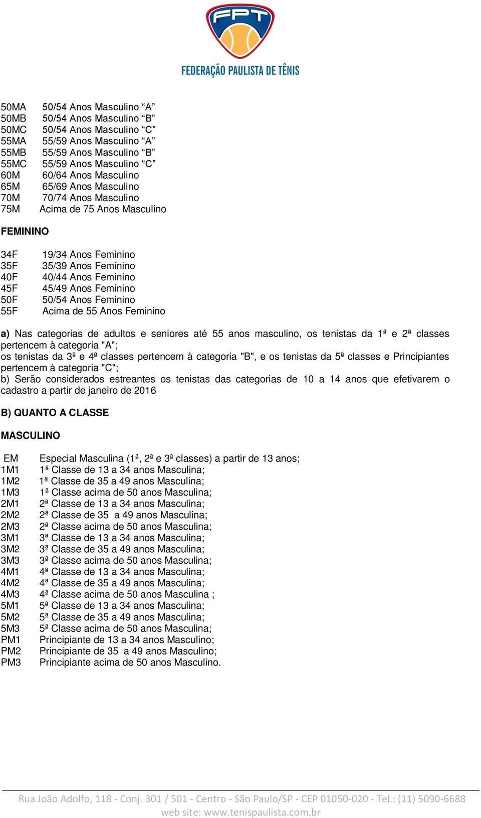 Anos Feminino Acima de 55 Anos Feminino a) Nas categorias de adultos e seniores até 55 anos masculino, os tenistas da 1ª e 2ª classes pertencem à categoria "A"; os tenistas da 3ª e 4ª classes