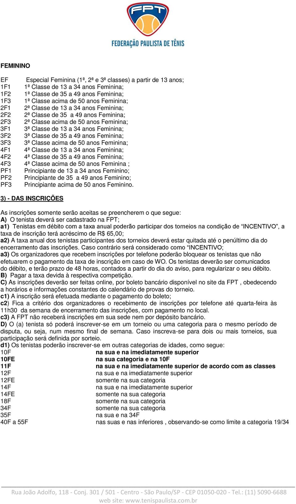 3F3 3ª Classe acima de 50 anos Feminina; 4F1 4ª Classe de 13 a 34 anos Feminina; 4F2 4ª Classe de 35 a 49 anos Feminina; 4F3 4ª Classe acima de 50 anos Feminina ; PF1 Principiante de 13 a 34 anos