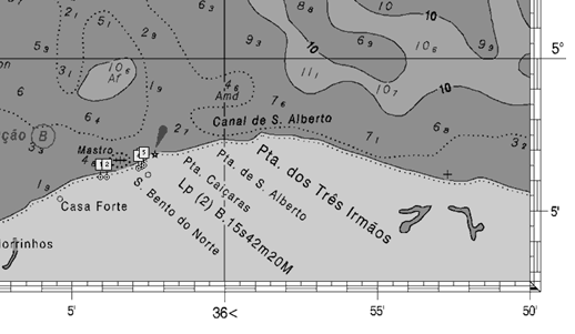 Figura 1. Carta náutica da área do município de Caiçara do Norte (Marinha do Brasil) onde ocorreram os arrastos de praia (pontos de 1 a 5 em quadrado branco) para a captura de camarão.