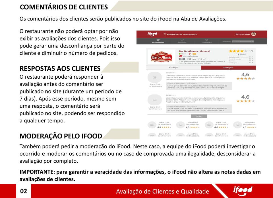 RESPOSTAS AOS CLIENTES O restaurante poderá responder à avaliação antes do comentário ser publicado no site (durante um período de 7 dias).