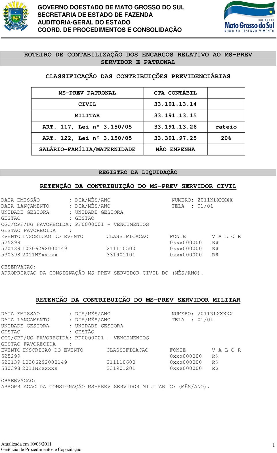 25 20% SALÁRIO-FAMÍLIA/MATERNIDADE NÃO EMPENHA REGISTRO DA LIQUIDAÇÃO RETENÇÃO DA CONTRIBUIÇÃO DO MS-PREV SERVIDOR CIVIL DATA EMISSÃO : DIA/MÊS/ANO NUMERO: 2011NLXXXXX DATA LANÇAMENTO : DIA/MÊS/ANO