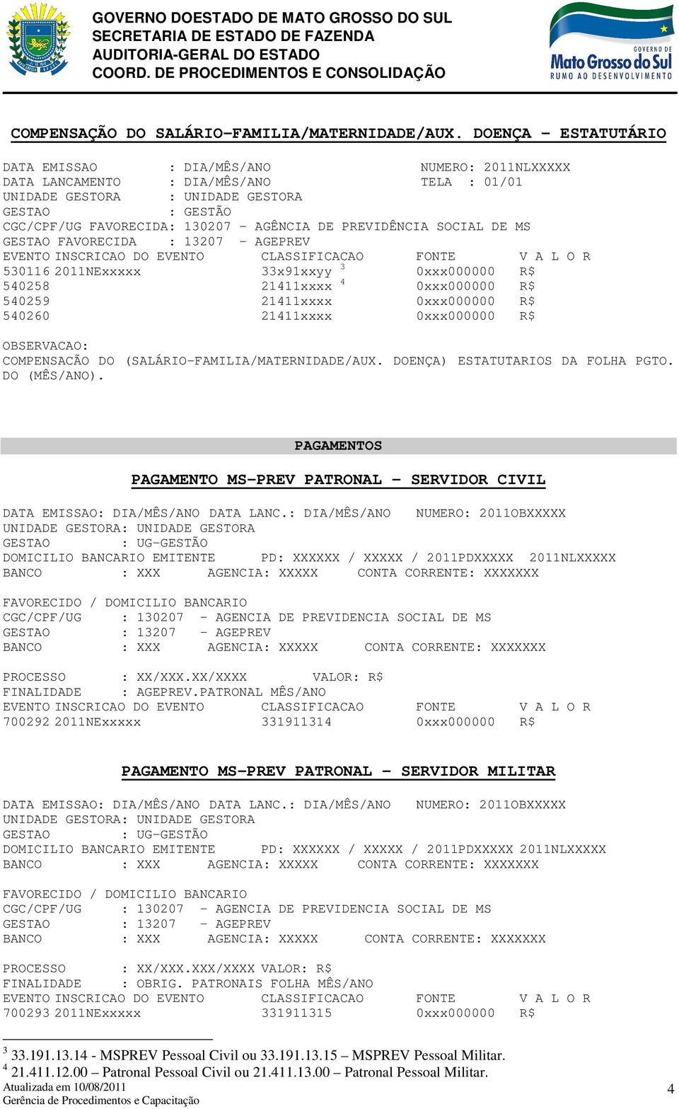 540259 21411xxxx 0xxx000000 R$ 540260 21411xxxx 0xxx000000 R$ COMPENSACÃO DO (SALÁRIO-FAMILIA/MATERNIDADE/AUX. DOENÇA) ESTATUTARIOS DA FOLHA PGTO. DO (MÊS/ANO).