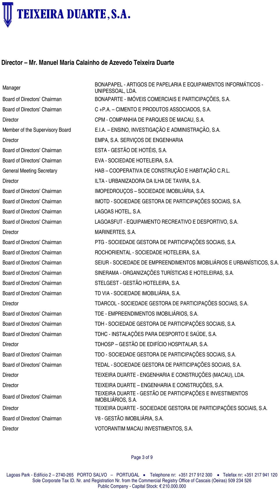 A. EVA - SOCIEDADE HOTELEIRA, S.A. HAB COOPERATIVA DE CONSTRUÇÃO E HABITAÇÃO C.R.L. ILTA - URBANIZADORA DA ILHA DE TAVIRA, S.A. IMOPEDROUÇOS SOCIEDADE IMOBILIÁRIA, S.A. IMOTD - SOCIEDADE GESTORA DE PARTICIPAÇÕES SOCIAIS, S.
