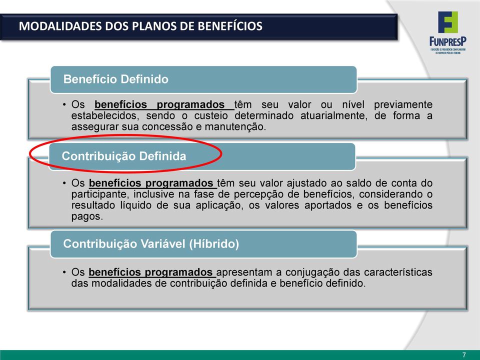 Contribuição Definida Os benefícios programados têm seu valor ajustado ao saldo de conta do participante, inclusive na fase de percepção de benefícios,