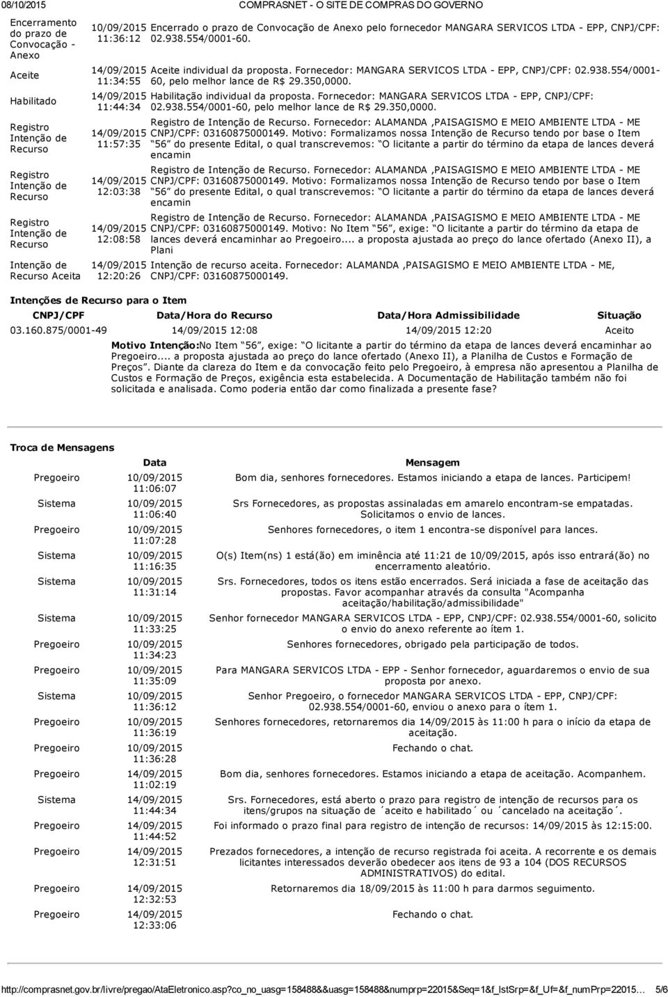 350,0000. Habilitação individual da proposta. Fornecedor: MANGARA SERVICOS LTDA EPP, CNPJ/CPF: 02.938.554/0001 60, pelo melhor lance de R$ 29.350,0000. de Recurso.