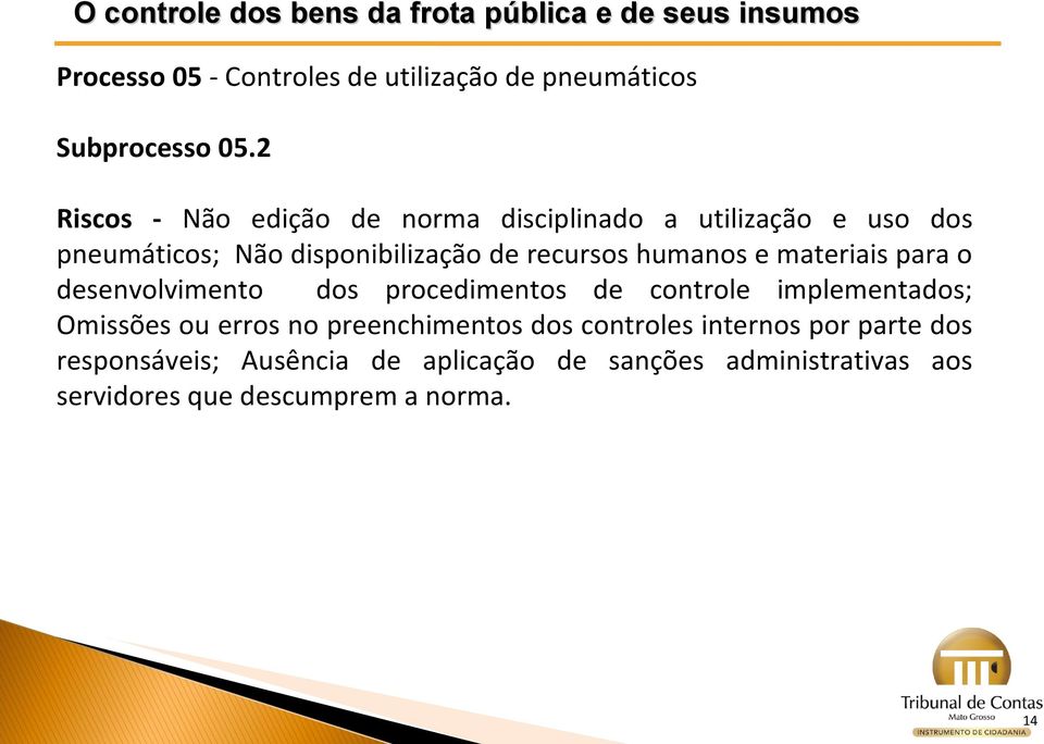 recursos humanos e materiais para o desenvolvimento dos procedimentos de controle implementados; Omissões ou