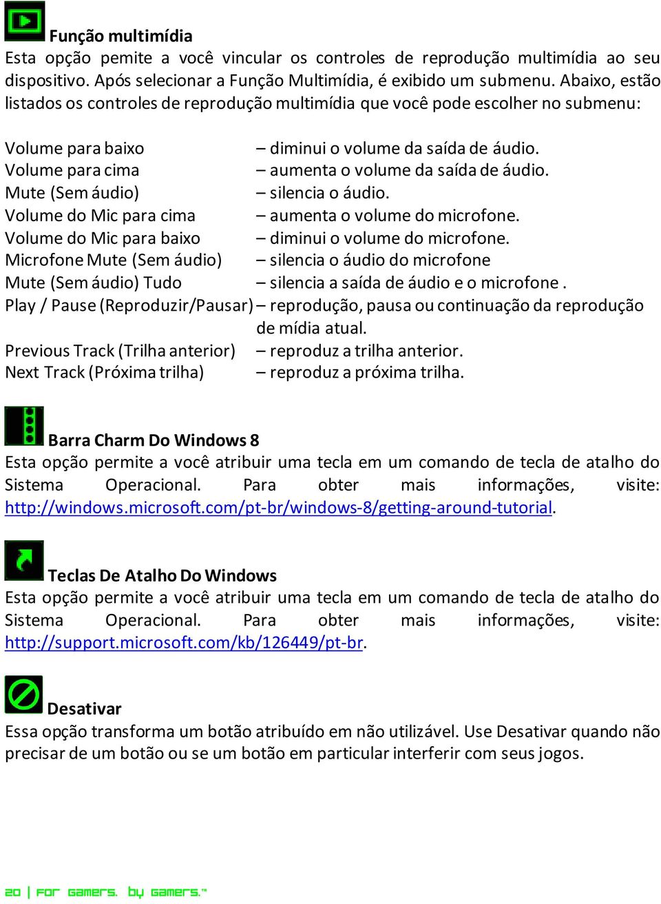 Volume para cima aumenta o volume da saída de áudio. Mute (Sem áudio) silencia o áudio. Volume do Mic para cima aumenta o volume do microfone. Volume do Mic para baixo diminui o volume do microfone.