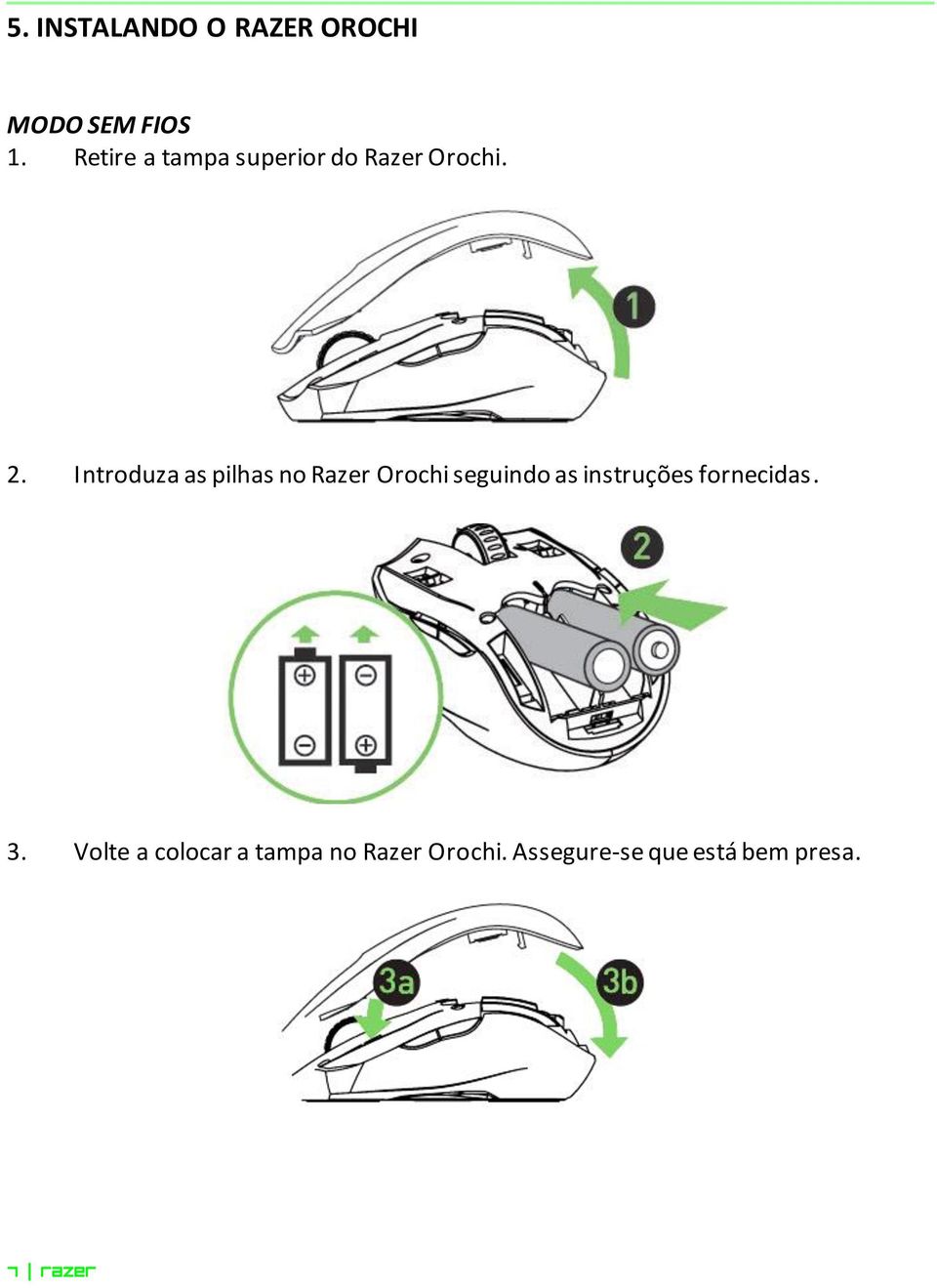 Introduza as pilhas no Razer Orochi seguindo as instruções