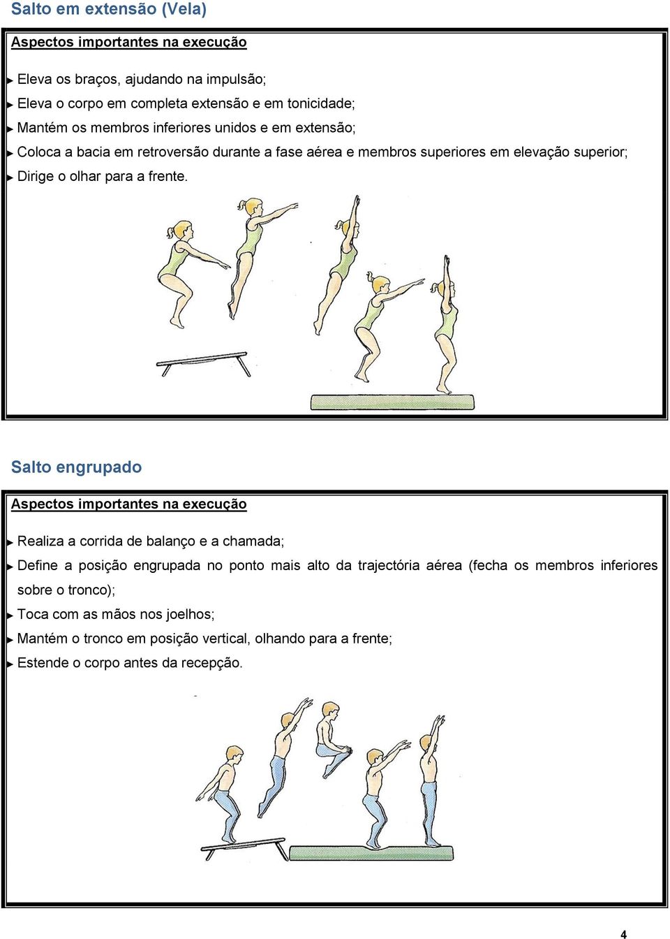 Salto engrupado Realiza a corrida de balanço e a chamada; Define a posição engrupada no ponto mais alto da trajectória aérea (fecha os membros