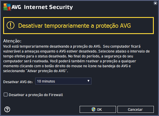 Como desativar a proteção do AVG Marque a caixa de seleção Desativar temporariamente a proteção AVG e confirme sua opção, pressionando o botão Aplicar.