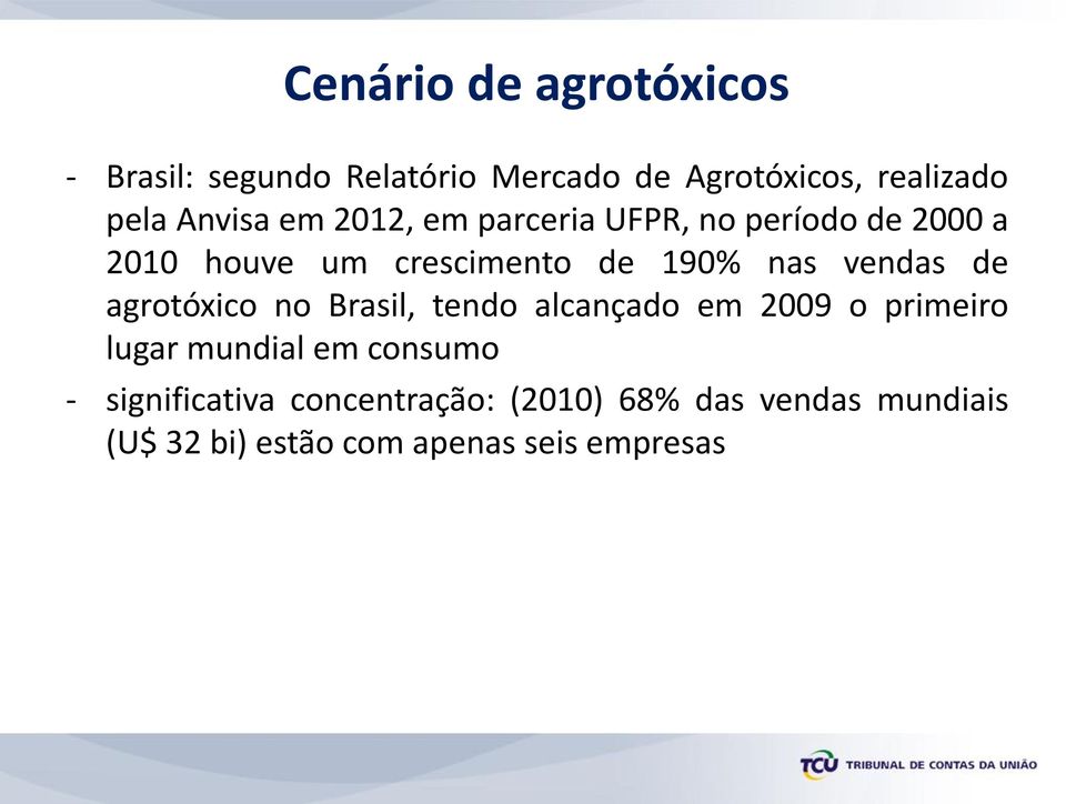 vendas de agrotóxico no Brasil, tendo alcançado em 2009 o primeiro lugar mundial em consumo -