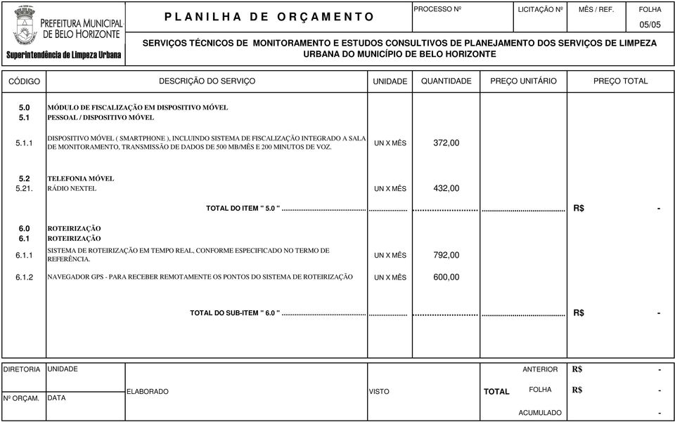 372,00 5.2 TELEFONIA MÓVEL 5.21. RÁDIO NEXTEL UN X MÊS 432,00 DO ITEM " 5.0 "............ 6.0 ROTEIRIZAÇÃO 6.