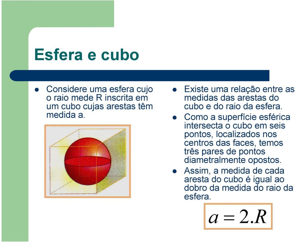 Como a superfície esférica intersecta o cubo em seis pontos, localizados nos centros das faces, temos