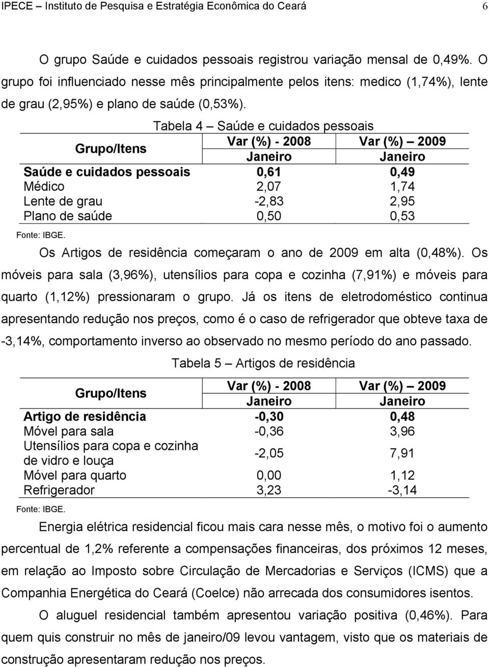 Tabela 4 Saúde e cuidados pessoais Saúde e cuidados pessoais 0,61 0,49 Médico 2,07 1,74 Lente de grau -2,83 2,95 Plano de saúde 0,50 0,53.